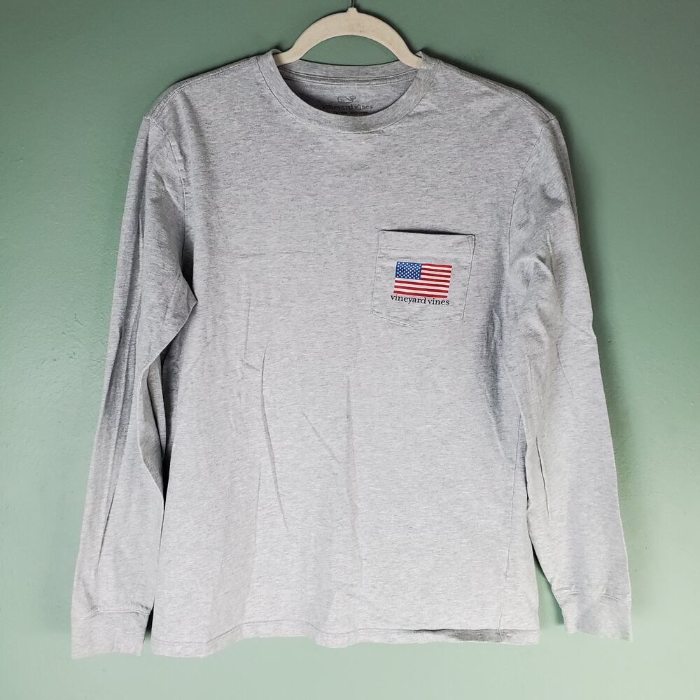 Vineyard Vines Womens Gray Crew Neck Long Sleeve American Flag Tee Size Small